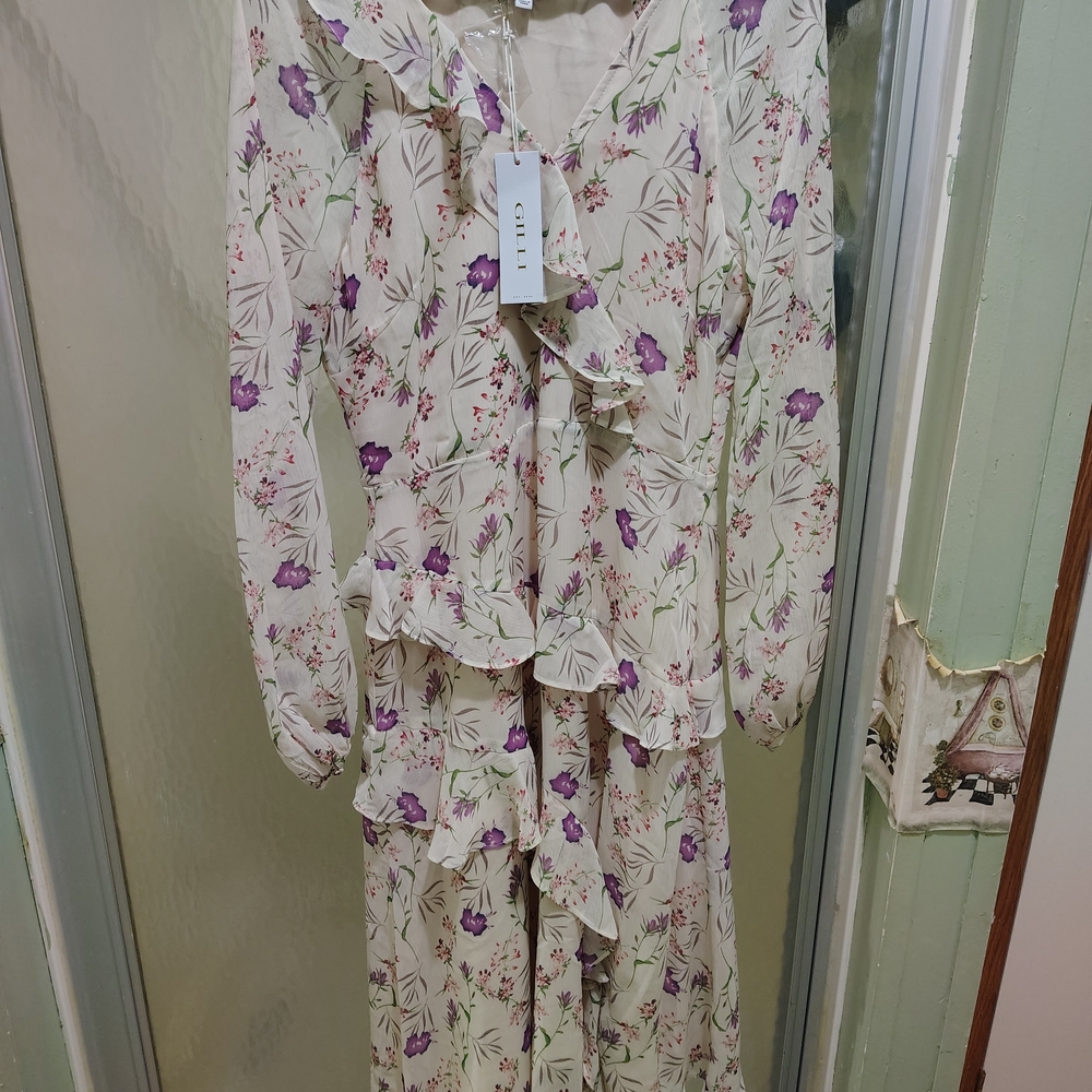 Gilli Cream Maxi Dress with Purple Floral Design